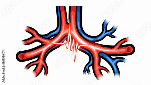 Stylized illustration of branching lungs with red and blue vessels and a white pulse line