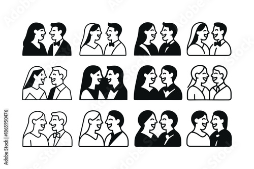 Wedding Emotions Icons. Candid wedding moments and emotions. Icon set. Set Logo of candid wedding moments and emotions: shared laughter between bride and