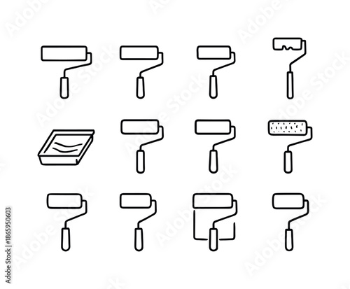 Paint Roller Icons. Paint roller. Line icon set of Paint roller: classic roller icon, angled roller, mini roller, extendable handle, paint tray, roller with