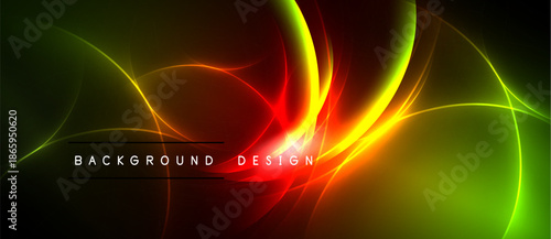 Vibrant abstract waves, glowing curves, dark background. Dynamic energy radiates from central point, creating visual impact.