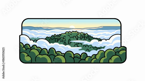 Sunrise over misty green mountains, framed by forest, a serene, idyllic vista