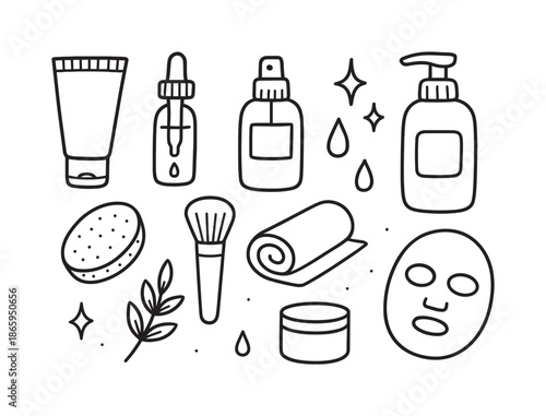 Beauty Essentials Doodle. Beauty products. Hand-drawn doodle illustration beauty products cream tube, serum dropper, spray bottle, lotion pump, sponge, brush,