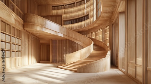 A grand wooden interior with a spiraling staircase, bathed in natural light, and shelves