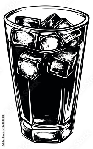 Hand drawn line art illustration of a glass of cold drink with ice depicting refreshment for summer menus or bar promotions