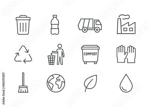 Waste Management Icons. Waste Management. Line icon set of Waste Management: bin, bottle, truck, factory, recycling arrows, person throwing trash, compost bin,