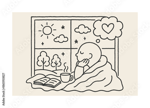 Window Daydream Delight. Window daydream. Hand-drawn doodle illustration Window daydream figure looking out, sun, clouds, heart, soft shapes, blanket, book,
