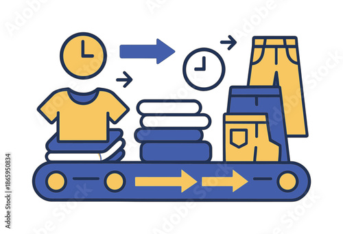 Rushed Fast Fashion. Fast fashion. A conveyor belt moves clothes quickly as arrows and clock icons float around. Garments stack in neat but rushed shapes.