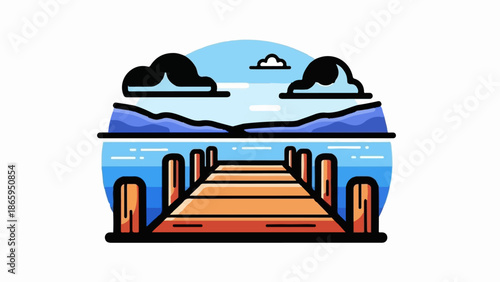 Wooden pier stretching into a serene blue lake under a cloudy sky