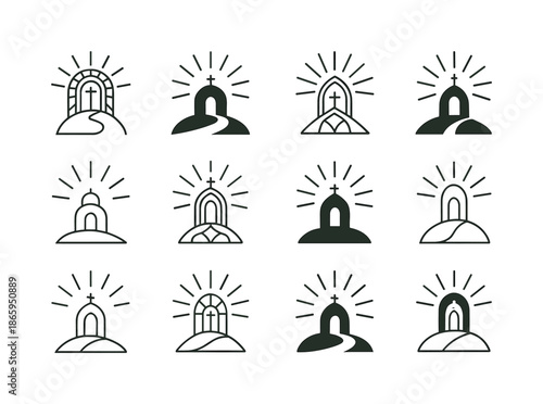 Sacred Journey Icons. Pilgrimage routes and sacred destinations. Icon set. Set Logo of pilgrimage routes and sacred destinations: spiritual light