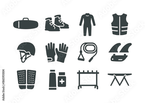 Wakeboarding Gear Icons. Wakeboarding equipment. Solid icon set of Wakeboarding equipment: board bag, adjustable bindings, wetsuit, impact vest, helmet,