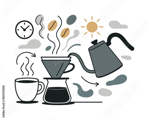 Morning Coffee Ritual. Coffee brewing. A steaming cup sits beside a minimalist dripper and kettle, with aromatic lines rising into soft abstract coffee bean