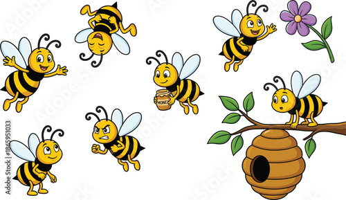 Cute cartoon bee characters set flying collecting honey playful insect vector illustration isolated on white background kids design education stickers