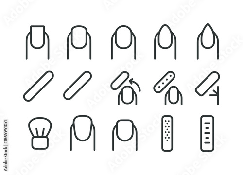 Nail Shape Icons. Nail shaping. Line icon set of Nail shaping: square nail icon, round nail icon, oval nail icon, almond nail icon, coffin nail icon, stiletto