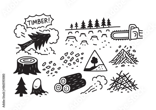 Deforestation Doodle Scene. Clearcut. Hand-drawn doodle illustration Clearcut tree falling, loud timber bubble, stripped landscape, tree line gap, chainsaw