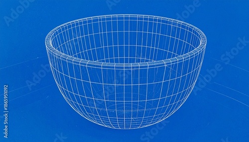 Wireframe rendering of bowl-shaped 3D object with curved grid lines on blue background