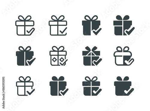 Bonus Check Icons. Bonus check. Icon set. Set Logo of bonus check: gift box + check corner. harmonious logo variations of the same emblematic concept, each