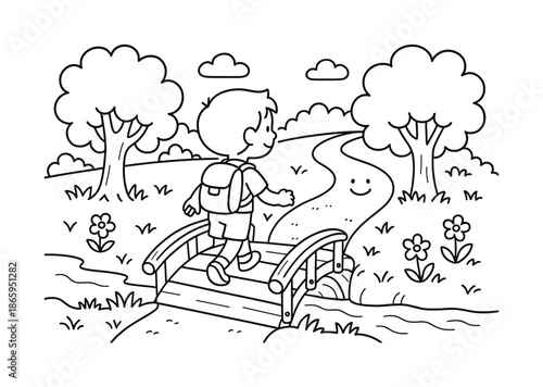 Bridge to Adventure. Bridge to a hidden path children?s coloring book illustration, outlined drawing, child crossing a small wooden bridge toward a cheerful