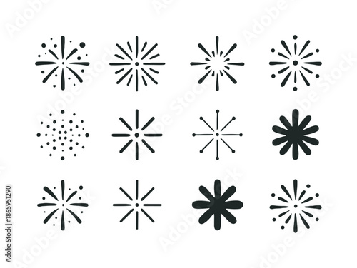 Holiday Fireworks Icons. Holiday Fireworks. Icon set. Set Logo of Holiday Fireworks: firework cluster of dots and lines. harmonious logo variations of the same