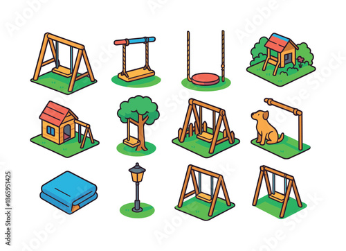 Backyard Swing Icons. Backyard swings. Colorful isometric vector icons set of backyard swings: wooden frame, DIY swing seat, hanging rope swing, grass under
