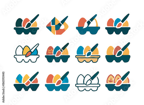 Colorful Egg Logos. Painting eggs. Icon set. Set Logo of Painting eggs: tray of colorful eggs. harmonious logo variations of the same emblematic concept, each