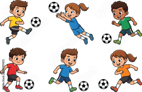 Happy cartoon kids playing soccer set with boys and girls action poses isolated on white background vector illustration