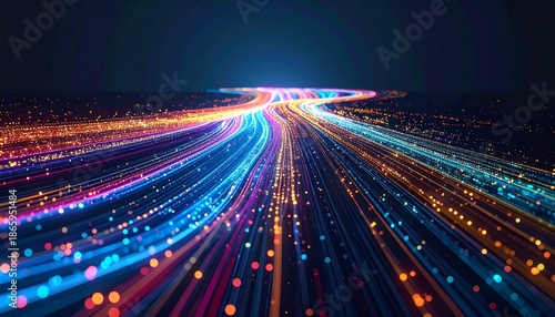 Conceptual data processing flow with colorful input streams transforming into structured grid of binary-like output on dark background
