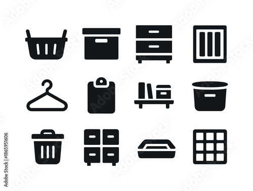 Home Organization Icons. Home organization. Solid icon set of Home organization: basket, labeled box, drawer, divider, hanger, clipboard, shelf, container,