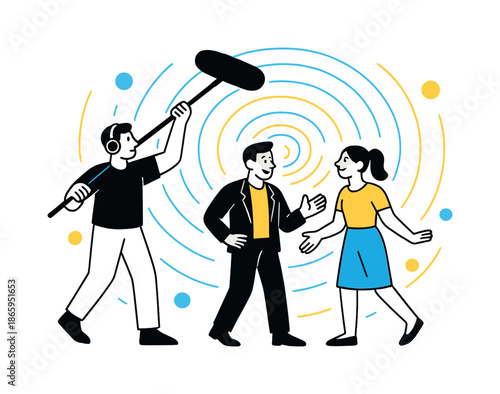 Boom Mic Soundcheck. Sound check. A boom mic operator holds the pole above two talking actors while sound waves ripple outward visually. Modern flat-line