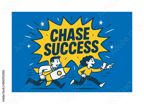Chase Success Banner. Chase success banner, flat vector illustration, bold oversized text inside splash explosion, cartoon characters running and pointing