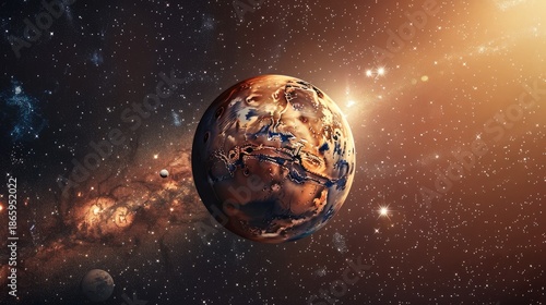 The planet Mars in outer space among the stardust. World Astronomy Day.