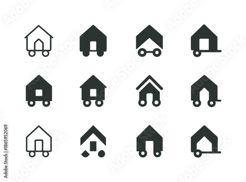 Nomadic Travel Icons. Nomadic travel and tiny house tourism. Icon set. Set Logo of Nomadic travel and tiny house tourism: tiny house on wheels. harmonious logo