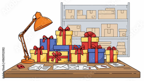 Wrapped gifts piled on a desk with letters and a lamp, shelf with boxes