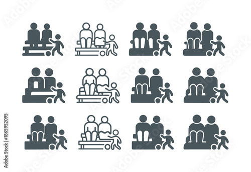 Grandparent Sports Icons. Grandparents attending kids' sports games. Icon set. Set Logo of Grandparents attending kids' sports games: bleacher seating.