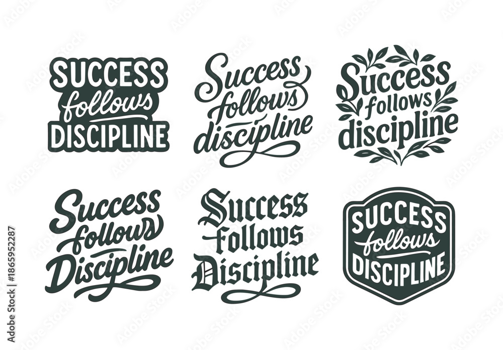 Obraz premium Harmonious Lettering Variations. Success follows discipline. Set lettering. harmonious lettering variations of the same emblematic concept, each with different