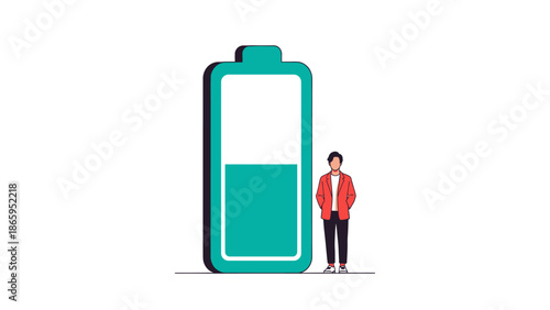 A small man stands beside a large, partially charged battery, symbolizing energy levels, power, and the concept of a full or depleted charge.