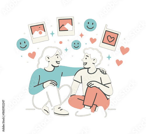 Nostalgic Friendship Memories. Friendships and life transitions ? memory moments. Floating polaroids and smile icons drift above two seated figures; hearts