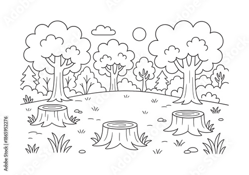 Forest Coloring Page. Clearcut area children?s coloring book illustration, outlined drawing, friendly cartoon forest with a small open clearing and tree stumps