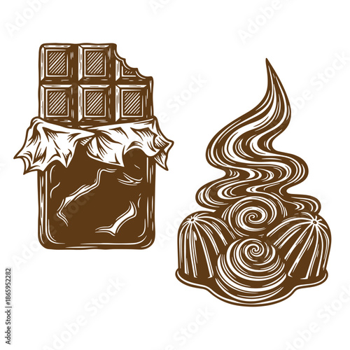 Chocolate bar and chocolate pudding dessert sweet treats isolated on white background