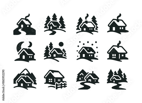 Snowy Cabin Icon Set. Snowy cabin scenes. Solid icon set of Snowy cabin scenes: cabin on hill, snow trail, snowy trees, snowy roof, smoke trail from chimney,