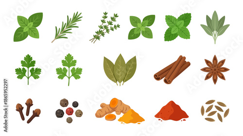 Assorted herbs and spices arranged in a grid pattern.