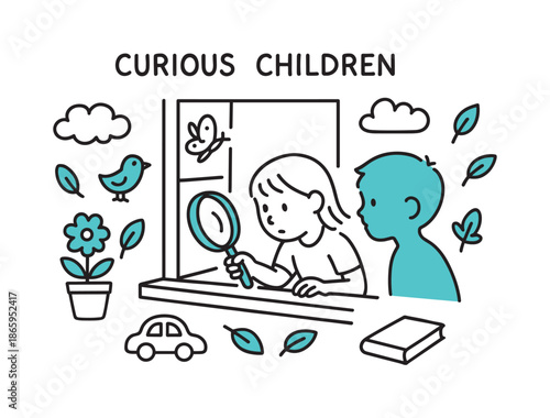 Curious Children Adventure. Curious Children. Hand-drawn doodle illustration Curious Children magnifying glass (accented), window sill, child silhouette