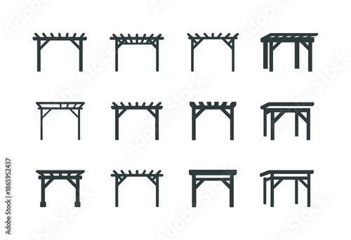 Urban Regeneration Icons. Landscape architecture for urban regeneration. Icon set. Set Logo of Landscape architecture for urban regeneration: pergola frame.