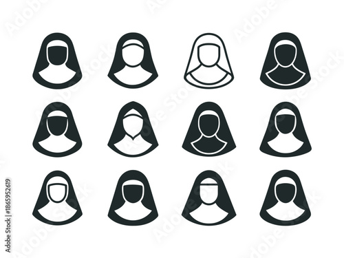Religious Attire Icons. Religious attire and traditional clothing. Icon set. Set Logo of Religious attire and traditional clothing: Catholic nun