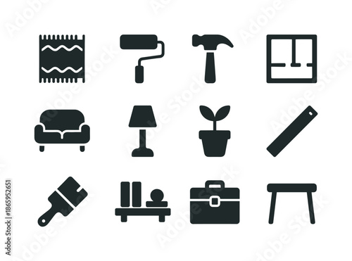 Home Renovation Icons. Home renovation. Solid icon set of home renovation: rug, paint roller, hammer, plan, sofa, lamp, plant, ruler, brush, shelf, toolbox,