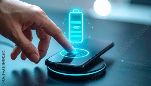 Hand placing smartphone on wireless charger with glowing holographic battery and Wi-Fi icons. Futuristic mobile power and induction charging concept.