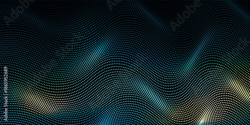 digital particle wave. Black and white music wave. Dark background.