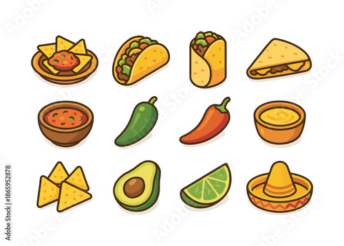Tex-Mex Icon Feast. Tex-Mex cuisine. Colorful isometric vector icons set of Tex-Mex cuisine: nachos, tacos, burrito, quesadilla, salsa bowl, jalapeno, chili