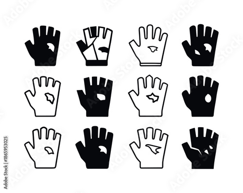 Worn Gloves Icon Set. Worn gloves. Icon set. Set Logo of worn gloves: ripped fingerless glove. harmonious logo variations of the same emblematic concept, each