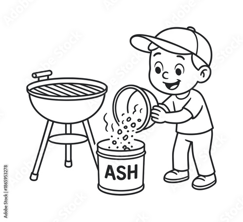 Cleaning BBQ Basics. BBQ base cleaning children?s coloring book illustration, outlined drawing, a simple ash tray or base being emptied safely by a cheerful