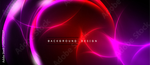 Abstract design features vibrant pink, red glows against dark backdrop. Swirling lines create dynamic visual effect. Modern, energetic composition.
